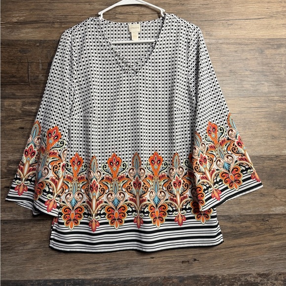 Chico's Tops - Chico's Black and White Blouse with Orange Floral Accents